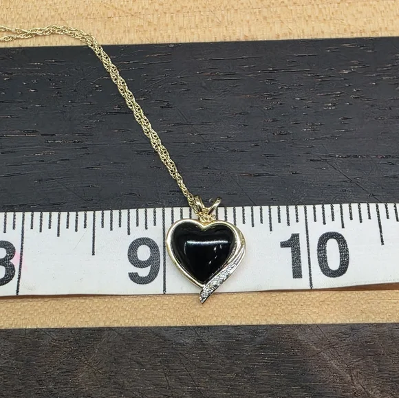14K 10K Plumb Solid Yellow Gold Diamond Onyx Heart Pendant Ring & Necklace - Picture 7 of 17